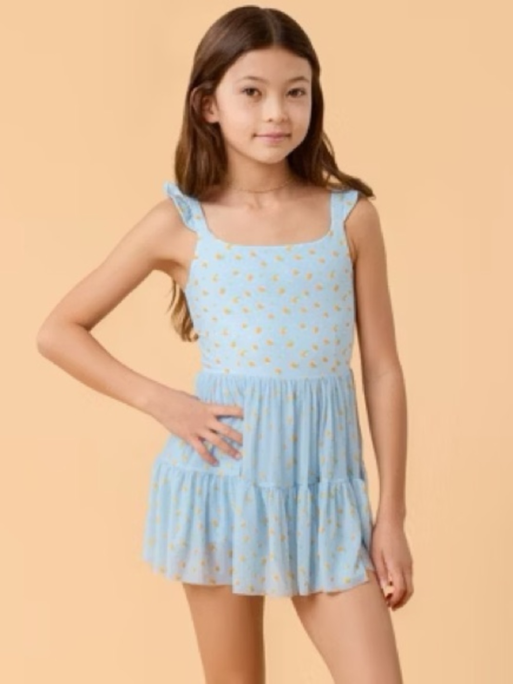 Blogilates Girls' Mommy & Me Ballerina Ruffle Dress, M (8)- Blue Citrus Print